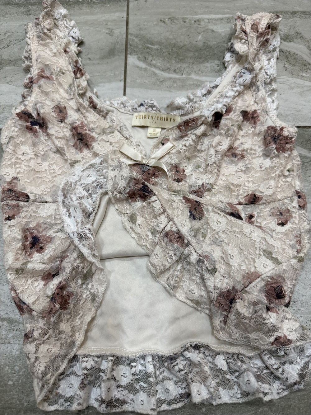 Lace Floral Ruffle Cami - Cream with Brown Floral - Picture 4 of 6